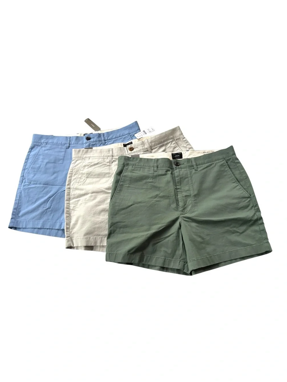 J. Crew Re-Imagined 5” stretch chino men’s shorts lot of 3 green,blue,stone| W32